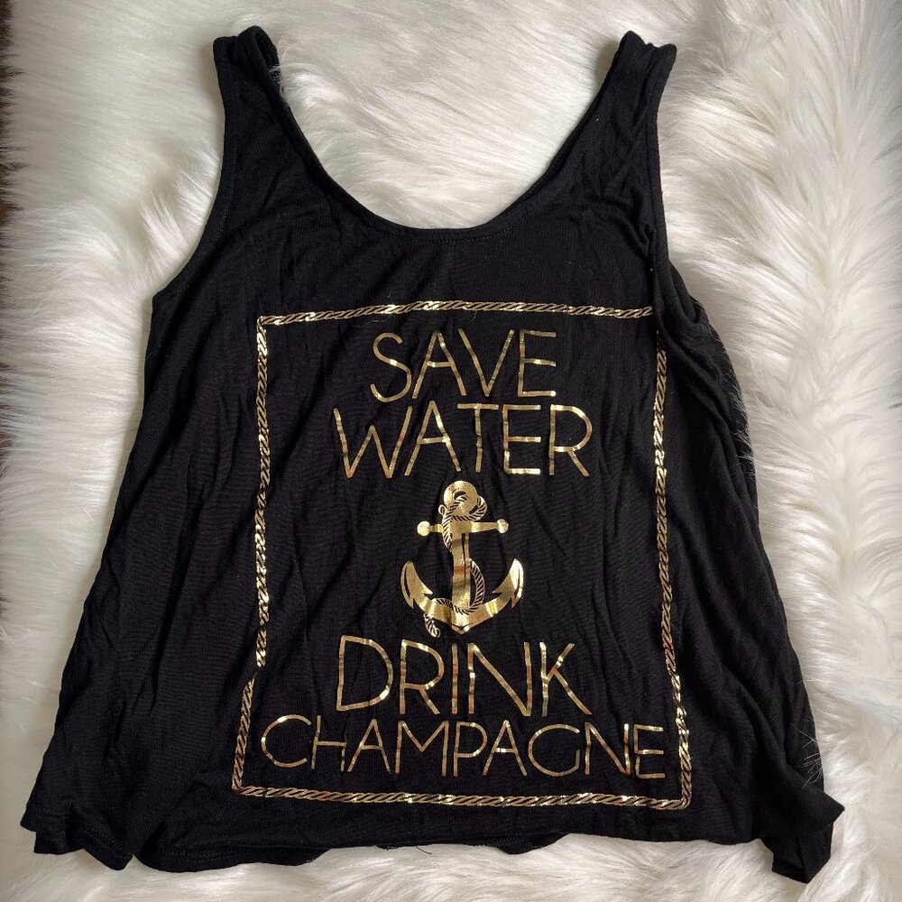 Popular Basics Crop Top Black Tank Top "Save Water, Drink Champagne" Size Small